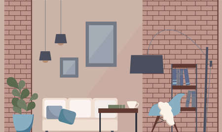 modern loft style interior. Vector illustration of the living room: brick walls, white sofa, coffee table, armchair, bookcase, metal floor lamp, paintings, books, cup on the table. Brown, black, gray.のイラスト素材