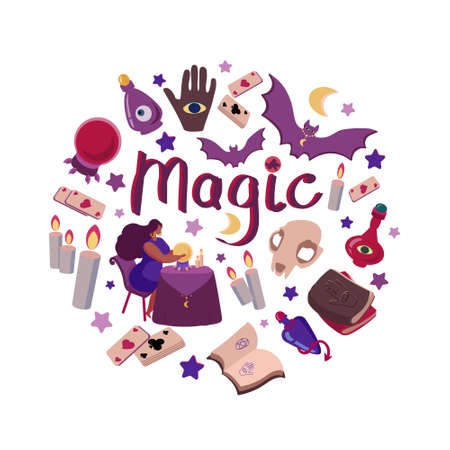 A mystical wreath with the attributes of divination and magic and occultism: a crystal ball, a bat, magic books, divination cards, candles, a skull, bottles with potions and eyes, stars. Isolated vector on a white backgroundのイラスト素材