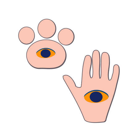 A mystical illustration demonstrating fortune-telling. Fortuneteller predicts the future. Attributes of occultism. .hand and dog paw with eyes. Isolated vector on white backgroundのイラスト素材