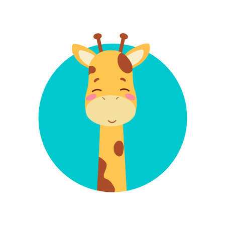 Cute cartoon trendy design little giraffe, baby with closed eyes. African animal wildlife vector illustration icon against the background of the turquoise circleのイラスト素材