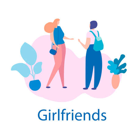 Illustration two girls girlfriends communicate among flowers. Cute conversation in pink colors, chatting and speech student.のイラスト素材