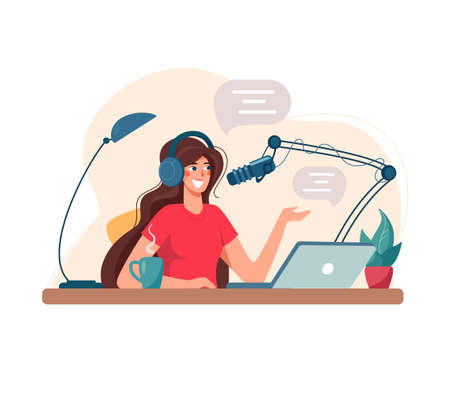 Girl records podcast, conducts a webinar, online courses, the concept of an educational podcast. The blogger is recording audio. Can be used for web banner, infographic. Vector Illustration, isolated.のイラスト素材