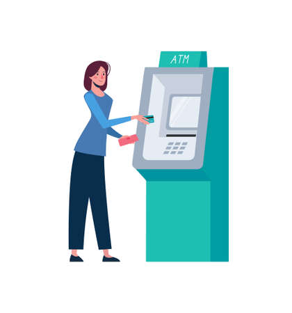 Woman withdraws money through an ATM. Replenishment of a bank card in cash. The girl holds a wallet and inserts a credit card into an ATM. Banking operations, illustration in flat style, isolated.のイラスト素材