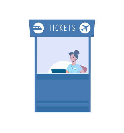 A ticket office to buy tickets for train or plane. illustration in flat cartoon style, blue colors. Isolated ticket service on white background, cash desk with cashier in uniformのイラスト素材
