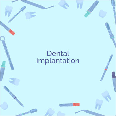 Dental tools for dental implants. Medical metal and titanium. Vector illustration, in a flat style. Poster to the clinic, image for instructions for dentists, training books. Isolated on white.のイラスト素材