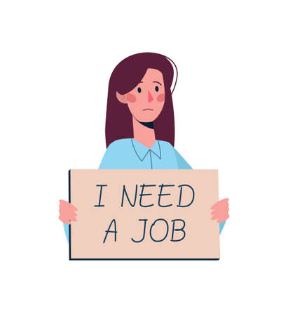Dismissed worker woman looking for work. Girl with a paper in hands I need work. Job loss. Near a box with things from the office. Vector flat, isolated character, unemployment concept.のイラスト素材