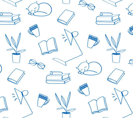 Back to School doodle wallpaper. Various school stuff for homework, table lamp, sleeping cat, cups, books, flower in a pot, glasses. Blue vector seamless pattern over white backgroundのイラスト素材