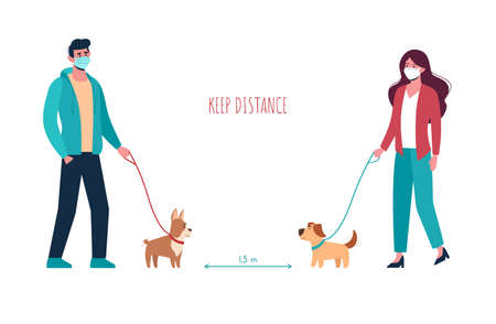Man and woman in medical masks walking the dogs, keep a distance so as not to spread the virus. People keep puppies of different breeds on a leash. Social isolation. Vector flat, cartoon charactersのイラスト素材