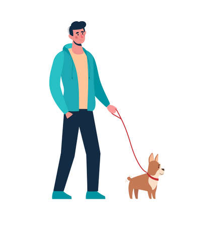 Man walking with little dog. A male in casual clothes holding a puppy on a leash. An active walk in the fresh air. Vector in flat style, cartoon character isolated on white backgroundのイラスト素材