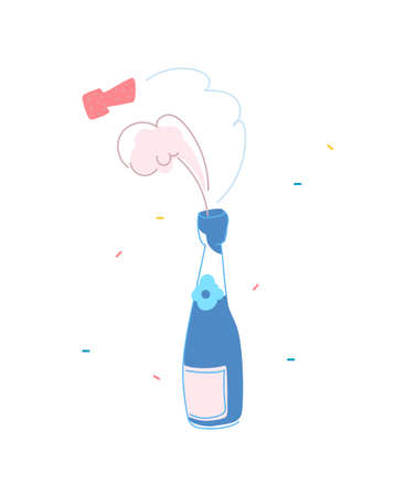 a vector bottle of champagne from which a cork breaks out and foam flows. Cartoon style festive alcoholのイラスト素材