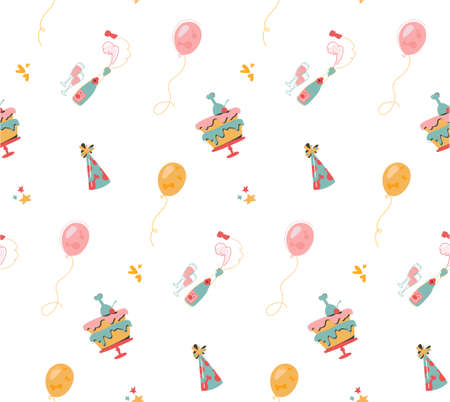Cute flat vector background with cakes, balloons, champagne. Seamless print of festive attributes for a dog party. For printing, wrappers, textile. Isolated on whiteのイラスト素材