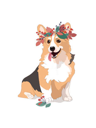 Steep autumn poster Corgi dog, vector cartoon illustration. Cute friendly welsh corgi puppy sitting, smiling with tongue out isolated on white. Pets, animals,canine theme design element in flat styleのイラスト素材