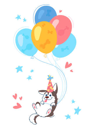 Husky flies in balloons, the puppy has a festive hat on his head. The dog has a birthday. Hearts and stars in the background. Funny cartoon vector for poster printingのイラスト素材