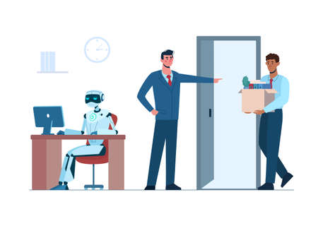 The robot is in the workplace, and person is fired. Man lost her job due to robotics. Business people, africans, unemployment. Artificial intelligence has replaced humans. Flat vector, isolatedのイラスト素材