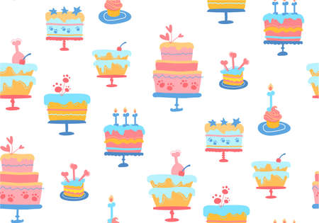 Seamless vector pattern of cakes for dogs. Dog baking for birthday, wallpaper, texture, print.