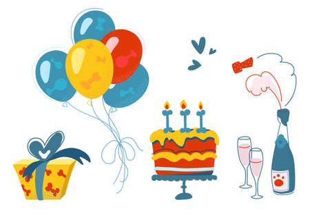 Vector set of elements for the holiday Dog s birthday. Decorative Set : balloons, champagne, glasses, cake, gift, hearts. Prints for dogs and puppies. Isolated on a white background.の写真素材