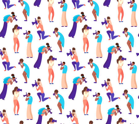 Many people of male and female photographers take pictures with and without flash.Wallpaper isolated on white background.Cartoon .fashionable illustration design.Colored vector illustration flat style.のイラスト素材