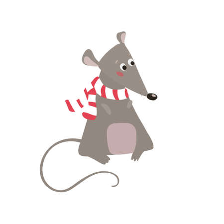 Cute mouse in a knitted striped scarf. Fluffy rodent, vector illustration isolated on white background. Flat styleのイラスト素材