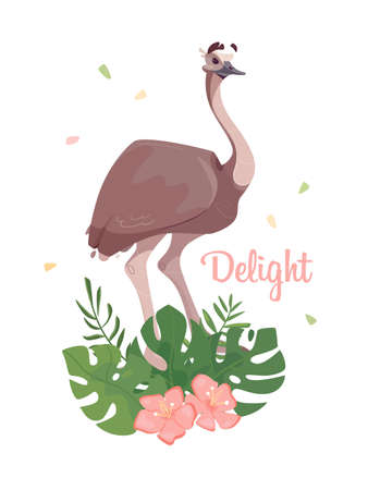 Cute vector card Emu. Australian ostrich on palm leaves, in flowers. Lettering and illustration in cartoon styleのイラスト素材