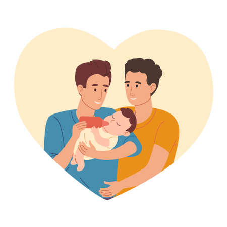 young gay dads together feed the baby from a baby bottle. The men hold the baby in their arms and give him milk. Vector illustration in a flat style on the background of the heartのイラスト素材