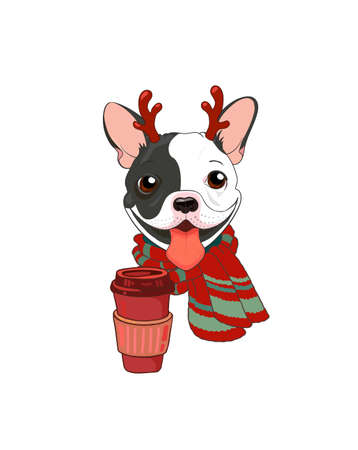 Cute puppy, with smile, antlers and a glass of cappuccino. French Bulldog black and white with a warm scarf. Trendy winter poster, vector illustration. Cover color. Postcard, design for textiles.のイラスト素材