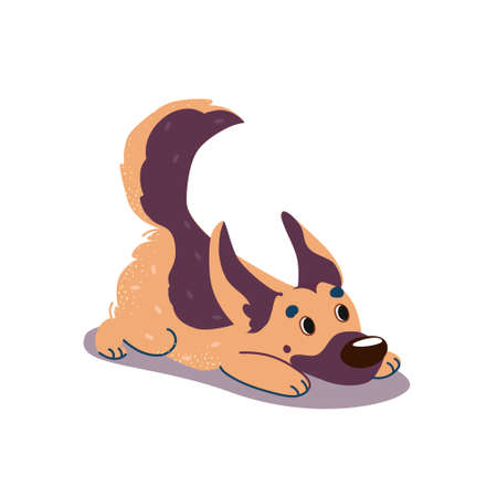 Vector illustration of a German shepherd. Cute puppy in a playful pose. Flat style, brown color dog. Isolated on white.のイラスト素材