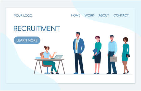 Website Template HR Department. Competition of people for work, queue for an interview. Men and women want to get a job. Vector webpage, flat isolatedのイラスト素材