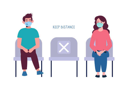 Children keep their distance, sit in line. A socially safe distance between boy and girl on the bench, so as not to spread the virus, COVID-19 coronavirus. Vector illustration, cartoon styleのイラスト素材