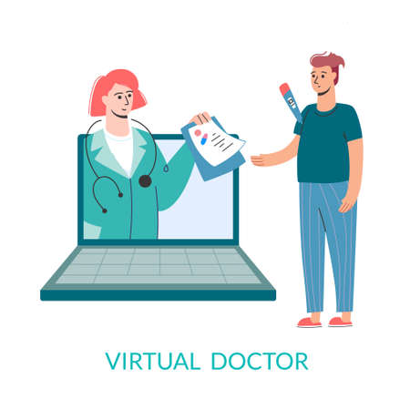 Virtual doctor. Get sick leave online using your laptop. . Mobile consultation, competent medical assistance. Modern telemedicine, cartoon character, vector.のイラスト素材