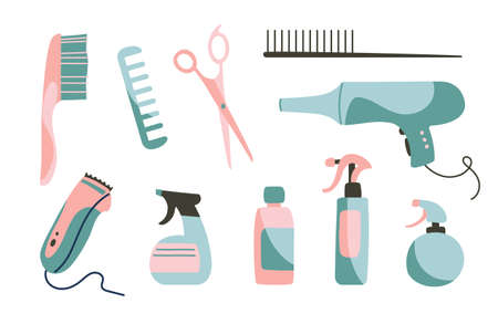 Hair dryer, combs, combs, scissors, hair clipper, styling sprays. Objects isolated on white...
