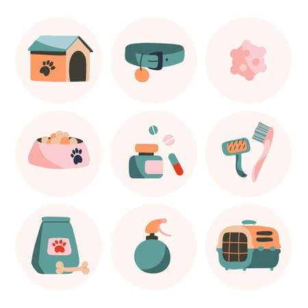 Set of vector icons. Booth, dog collar, ball, carrier. Objects isolated on white background, cartoon styleのイラスト素材