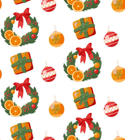 Christmas background in cartoon style. Christmas tree wreath, gifts, decorations. Seamless pattern...