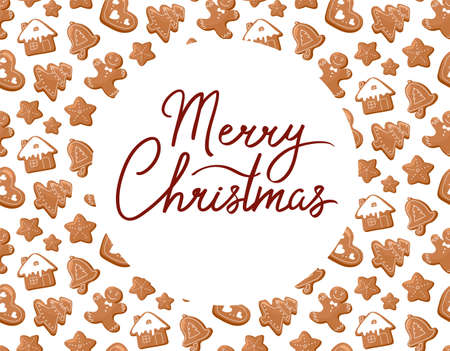 New Year's Banner, isolated on white in cartoon style. Template Merry Christmas. In the background is a pattern of Christmas gingerbread.のイラスト素材