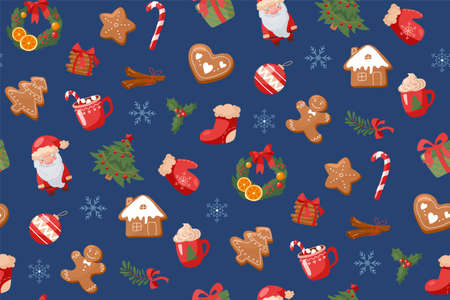 Christmas and New Year. Seamless pattern in cartoon style. Isolated over white background. Christmas tree, santa claus, cinnamon, gift, wreath, gingerbread, hot chocolate with lollipop. Vectorのイラスト素材