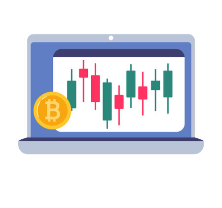 Bitcoin price on a candlestick chart, cryptocurrency exchange quotes. Blockchain technology on your laptop. Vector illustration.のイラスト素材
