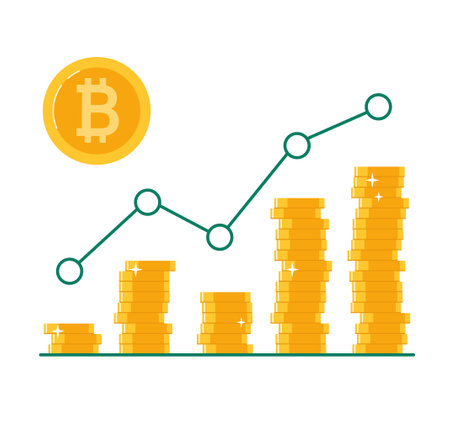 Bitcoin value growth graph. Blockchain technologies, coins of cryptocurrency. Vector illustration isolated on white background.のイラスト素材