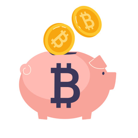 Filling the piggy bank with bitcoin coins. Cryptocurrency accumulation scheme. Vector illustration of digital currency in flat styleのイラスト素材