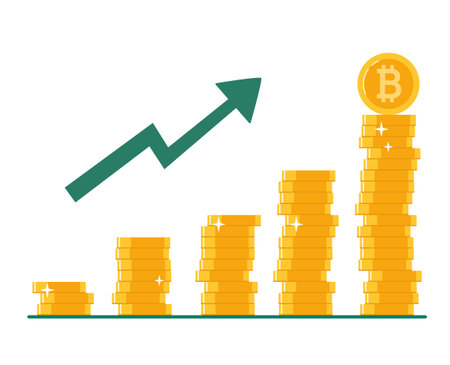 Bitcoin, value growth concept. Blockchain technologies, digital money market, cryptocurrency.coins, diagram. Vector illustration in a flat styleのイラスト素材