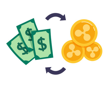 Vector illustration Exchange Ripple coins for dollar. Blockchain technologies in the digital money and cryptocurrency market. Flat style, isolated on white.のイラスト素材