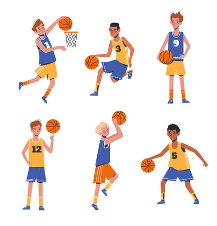 Childrens sports basketball. Flat design concept with funny kids playing ball. Vector illustration of boys, set isolated on white backgroundのイラスト素材