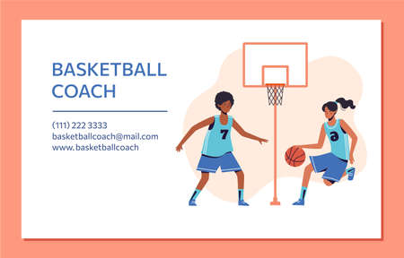 Basketball coach business card design. Flat design concept with girls playing ball. isolated on peach background. Vector.のイラスト素材