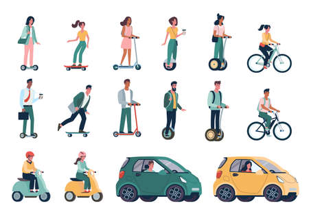 Flat vector set of environmentally friendly alternative vehicles. People, men and women ride modern eco-cars, electric scooters, skateboards, bicycles, mopeds. Green energyのイラスト素材