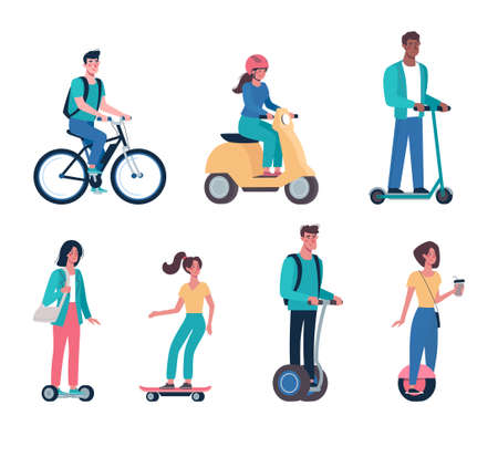 men and women ride modern electric scooters, skateboards, bicycles, mopeds. Eco friendly alternative vehicles set. Vector people.in flat style.のイラスト素材