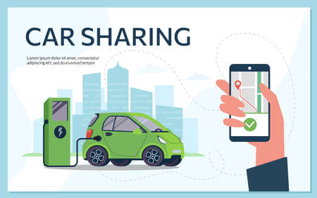 Car sharing. The electric car charges the battery using the charging station, order the car through...
