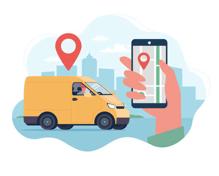 Home delivery service concept. Delivery van, courier on a truck. Website template with flat vector illustrations. Cargo location tracking application.のイラスト素材