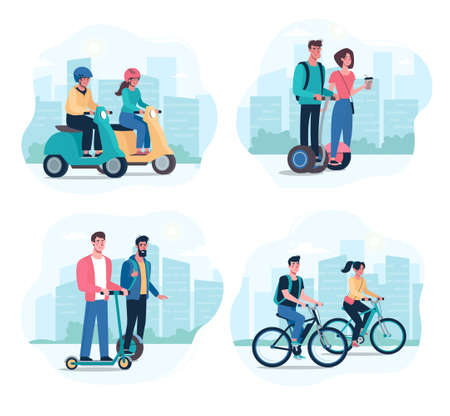 People ride modern electric  board, scooters, bicycles, mopeds. Alternative environmentally friendly transport, healthy lifestyle. Friends are walking around the city. Vector, flat style.のイラスト素材