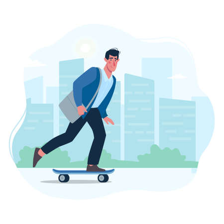 A man rides a modern skateboard to the office to work. Vector guy in a flat style on the background of the city.のイラスト素材