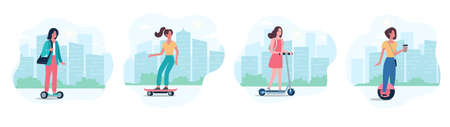 Women ride modern electric vehicles, drive to work, drink coffee. Eco-friendly alternative transport, friendly to the environment. Vector illustration of girls in flat style on the background of cityのイラスト素材