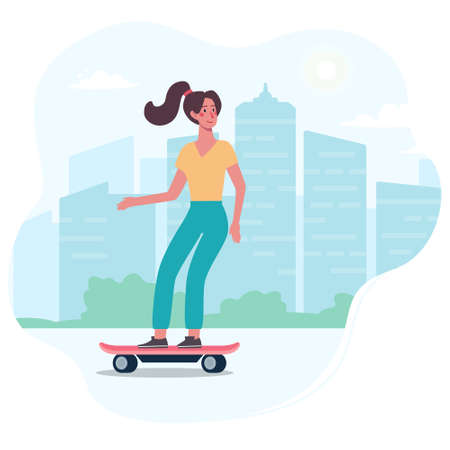 The girl is riding a modern skateboard. Sport. Vector, girl in a flat style on the background of the cityのイラスト素材