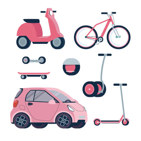 Electric vehicle set, for girls and women. Modern electric scooter, gyroscope, skateboard, bicycle, moped, car. Vector illustration of environmentally friendly alternative transport. Flat style, pink, isolated backgroundのイラスト素材